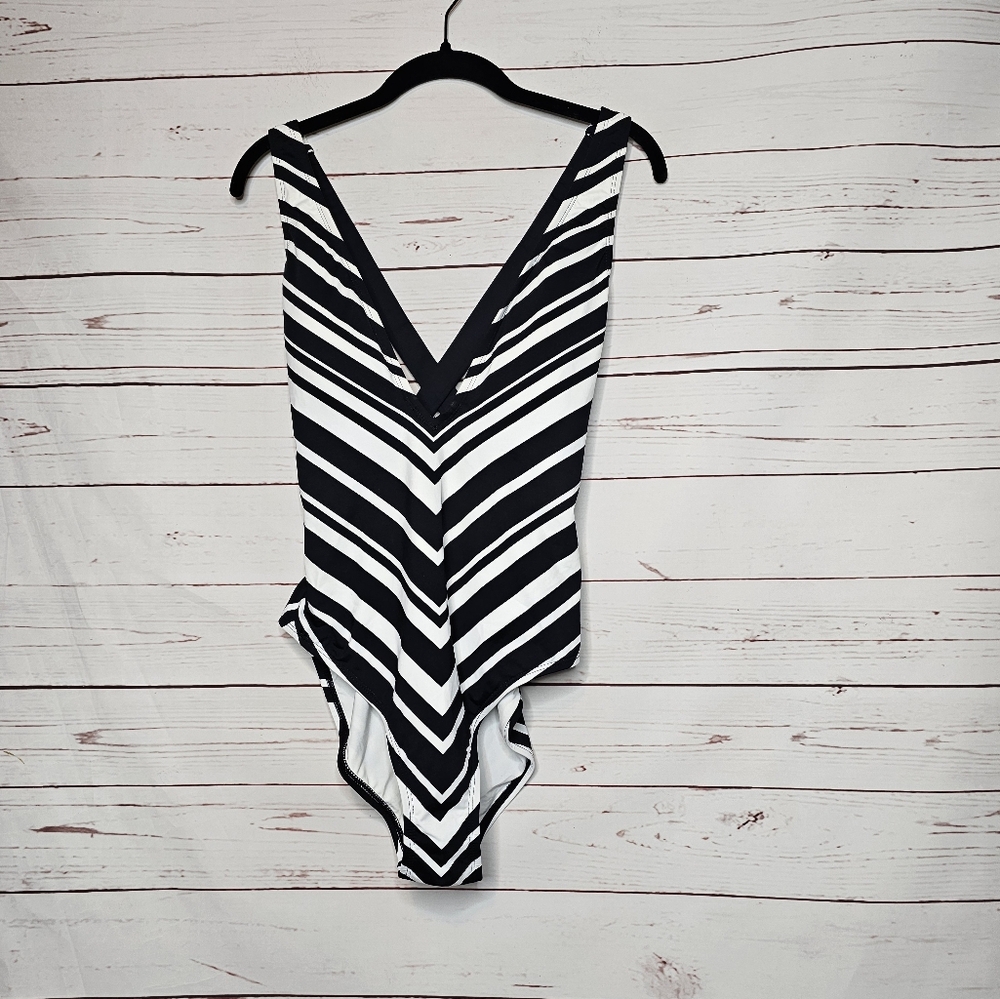 La Blanca Mio Plunge Chevron Striped Black and White Swimsuit